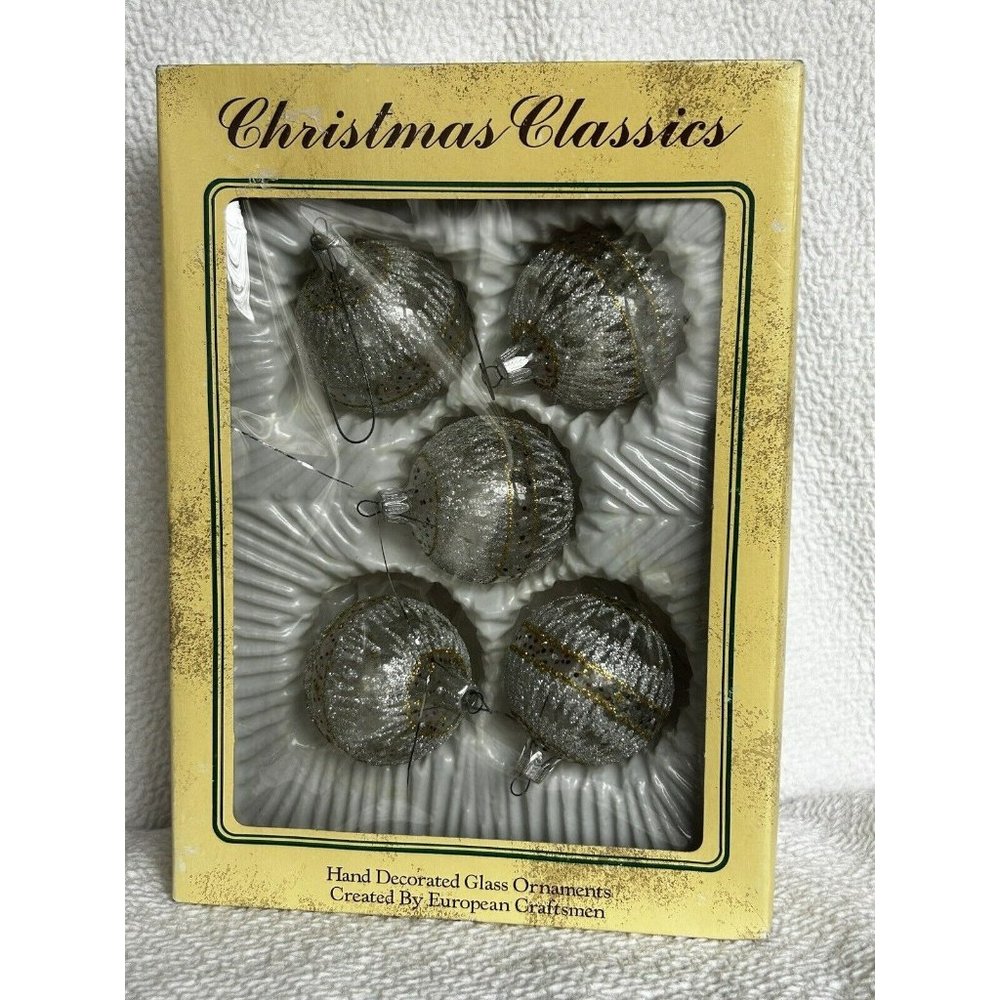 Rare Vintage Christmas Classics 5 European Glass Ornaments Hand Decorated In Box